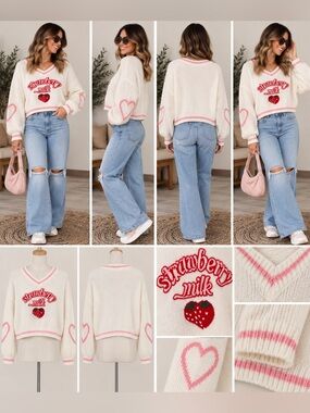 Romwe Cropped Sweater / Strawberry Milk Pullovet